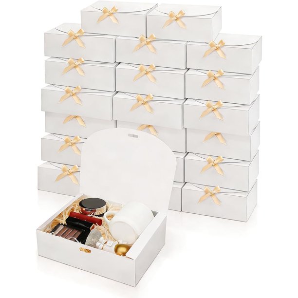 Paquete de 20 Cajas de Regalo de Boda,Caja de Regalo Negro para Fiestas con Cintas Doradas | Cajas de Regalo de Pape,para Bodas, Boda, Halloween, Navidad (Blanco)