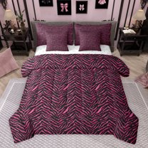 jejeloiu Pink Zebra Striped 7pcs Bedding Comforter Set,Retro Geometric Lines Queen Bedding Sets For Adults Reversible