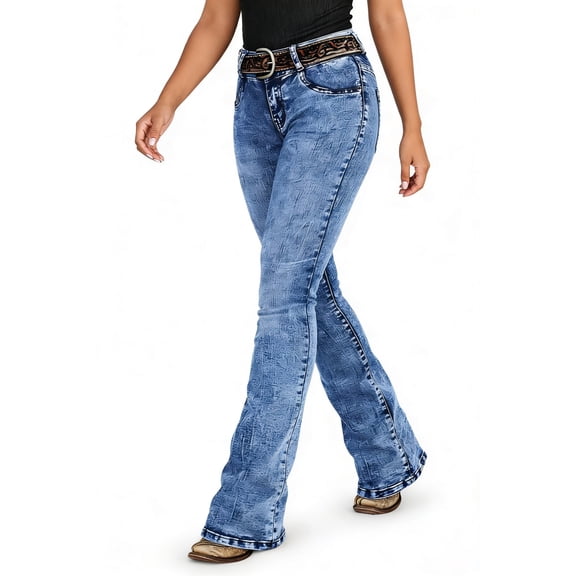 Women's Acid Wash Blue High Waisted Flare Jeans, Slim Fit Bell-bottom Denim Pants for Casual Western Style