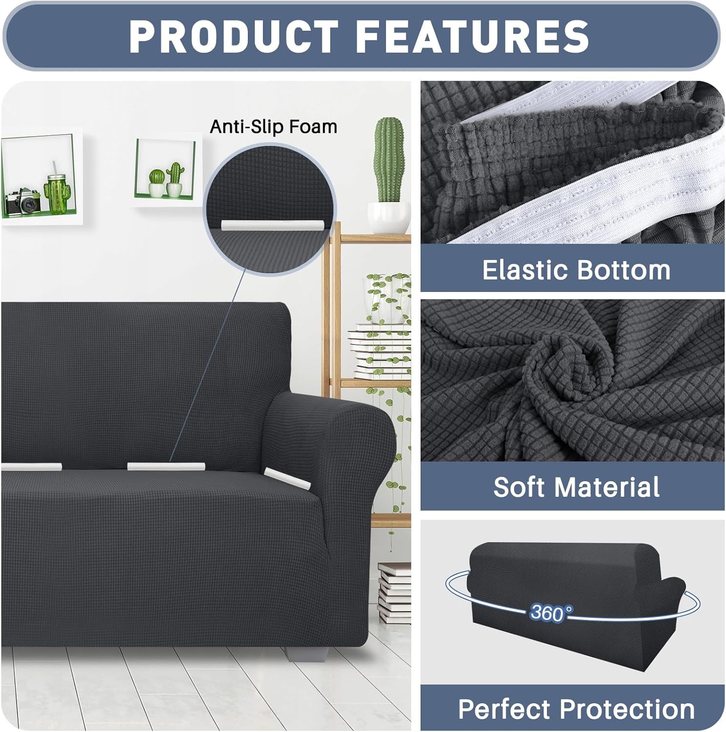 Behome Couch Cover, Premuim Water Repellent Sofa Covers, Non Slip Sofa Slipcover for Living Room Furniture Protector (3 Seater, Gray)