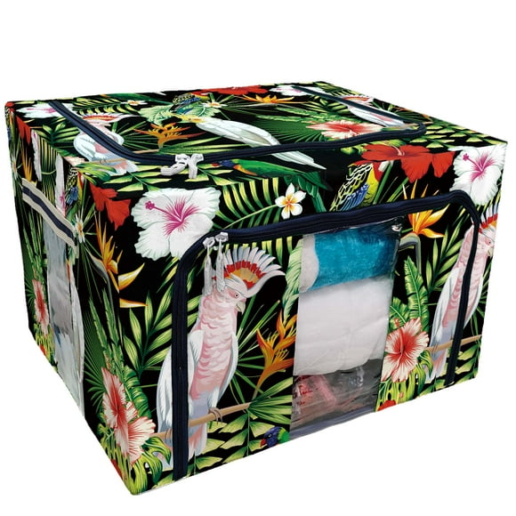 EREHome birds parrot macaw tropical jungle plants Storage Bag Clear Window Storage Bins Boxes Large Capacity Foldable Stackable Organizer With Steel Metal Frame For Bedding,Clothes,Closets, Bedrooms