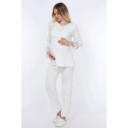 

LVMA9510 - Women s Maternity Nursing Pajamas Hospital Set Soft Long-Sleeved Button Tops PJ Pants Sleepwear Set
