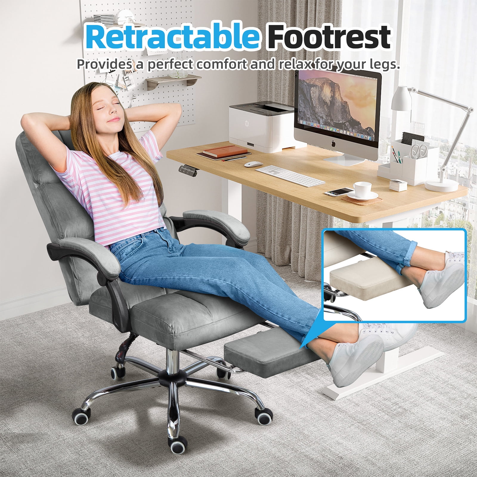 Homhum Velvet Executive Chair, Ergonomic Office Chair with Footrest, Gray