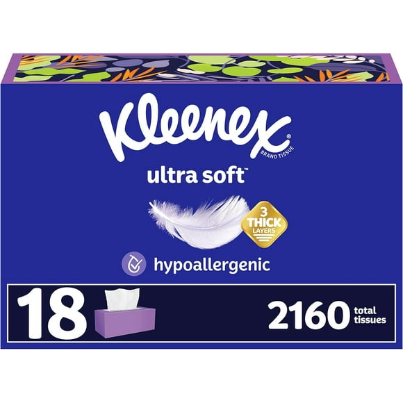 Kleenex Ultra Soft Facial Tissues, 18 Flat Boxes, 120 Tissues per Box, 3-Ply (2,160 Total Tissues)