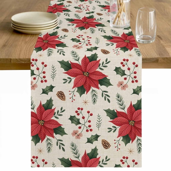 Christmas Poinsettia Table Runner 60 Inches Long Farmhouse Dress Scarves, Xmas Red Flowers Pine Cones Vintage Dining Tablerunner for Coffee Table/Kitchen Island/Party Décor, 13" x 60"