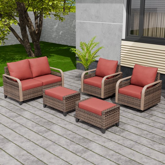 EAGLE PEAK 5 Piece Wicker Outdoor Patio Furniture Set, Patio Set with 2 Swivel Rocking Chairs, 2 Seat Loveseat Sofa, and 2 Ottomans, Brown/Red