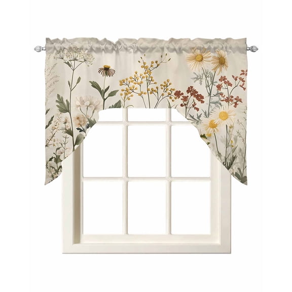 Botanical Kitchen Swag Valances for Windows, Retro Plant Wildflower Green Leaf Ferns Swag Valances Curtains for Living Room, Rod Pocket Window Treatments for Bathroom, Bedroom, Cafe, 56"x36"