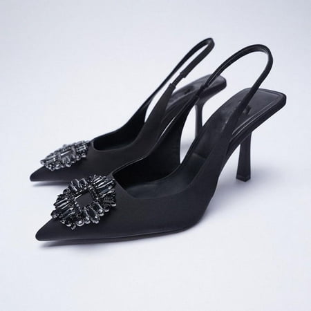 

2024 Womens Rhinestone Flower Stiletto Heels Closed Toe Sling Back Sling Back Wedding Shoes Sandals
