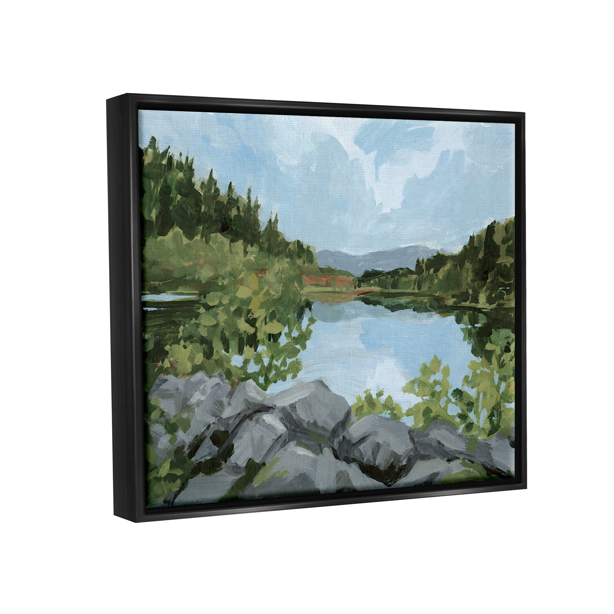 Stupell Woodland Lake Rocky Shore Landscape Painting Black Floater Framed Art Print Wall Art