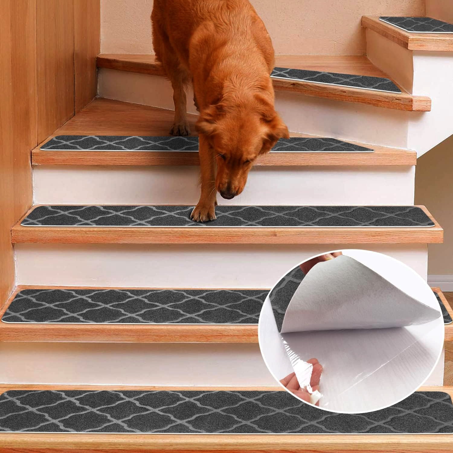 Kaskawise Stair Treads for Wooden Steps, Non Slip Stair Pads Peel and Stick with Adhesive Set of 15, Self Adhesive Indoor Stair Rug Cover Mat, 8"x30"