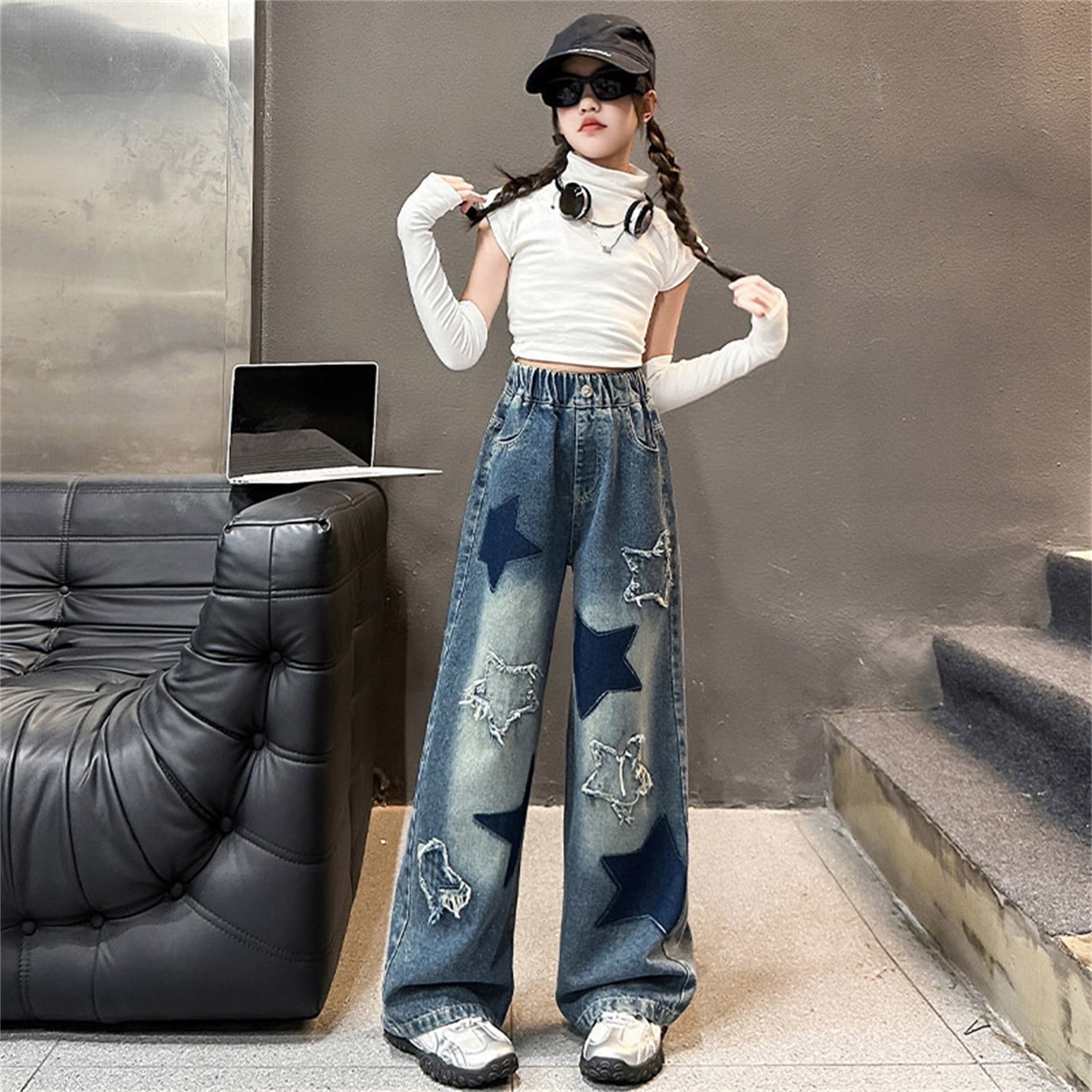 Kids Jeans Girls Cute Embroidered Pants Elastic Waist Wide Leg Jeans Loose Casual Demin Pants With Pockets Blue,5-6 Years