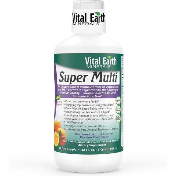 Vital Earth Minerals Super Multi – Liquid Multivitamins for Women, Men & Kids, Liquid Vitamins with Fulvic Acid for Better Absorption, MTHFR Support, 32 Oz   1 Oz Cup