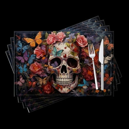 

BaHomeck placemats Set of 4 Skull Surrounded By Colorful Butterflies And Roses Cotton Linen rectangle Placemats for Kitchen Dining Table Indoor Outdoor 18*12inch
