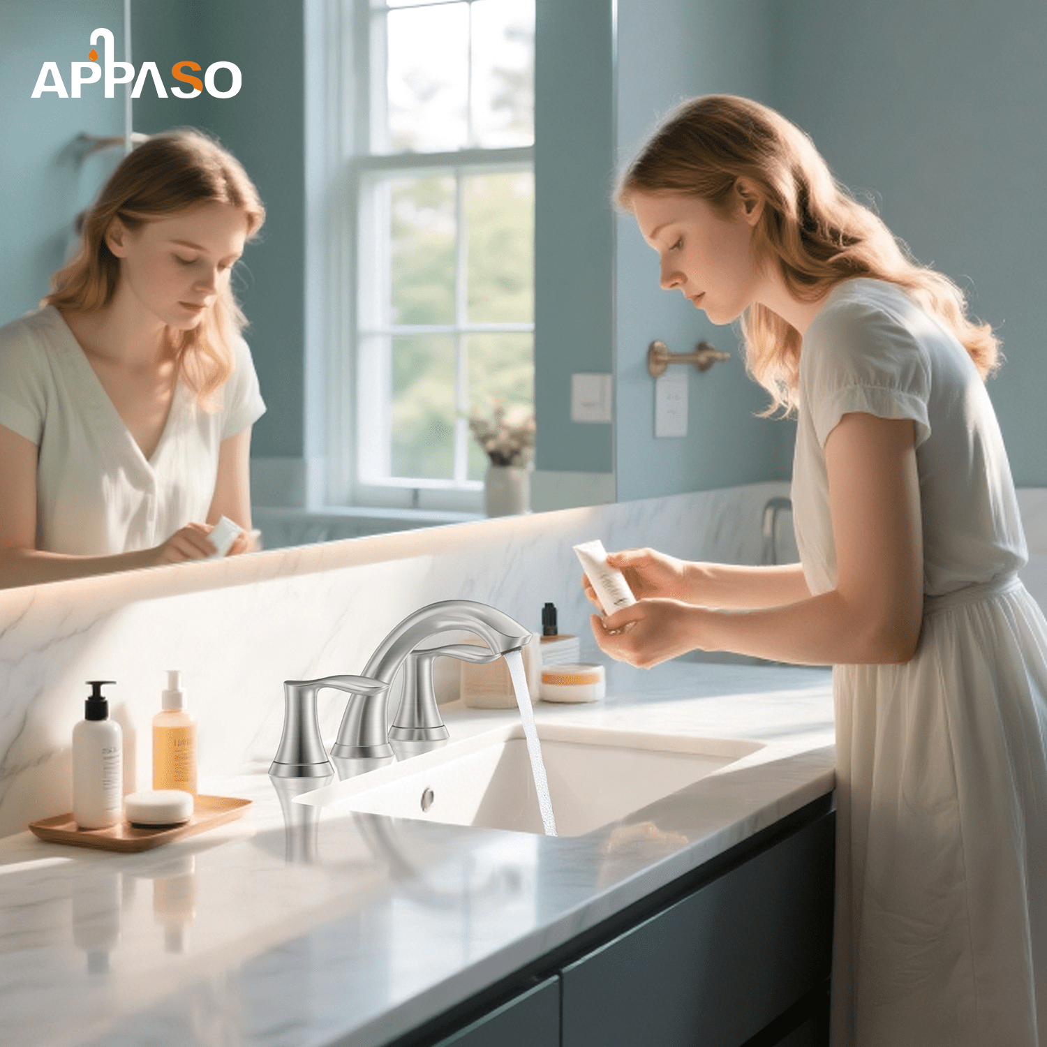 APPASO 2-Handle Widespread Bathroom Faucet, Brushed Nickel 304 Stainless Steel 3-Hole Vanity Sink Faucet with Pop-Up Drain and Water-Saving Aerator