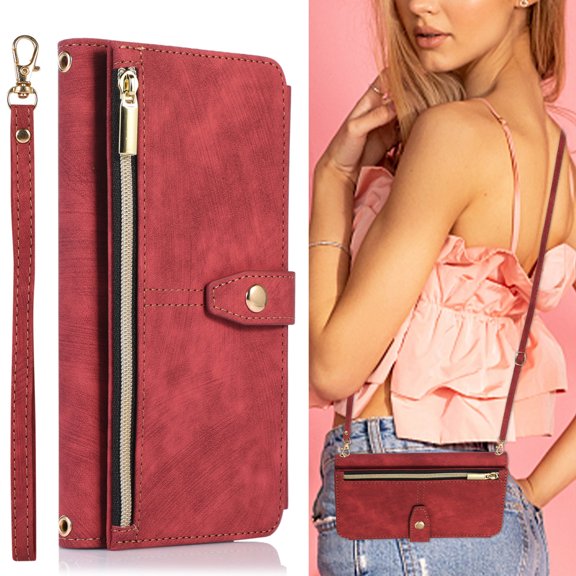 Jiahe Cover for Google Pixel 8 Pro, Mulit-Function Wallet Case,Flip Leather Zipper Card Holder Stand with Adjustable Shoulder Strap Full Body Protection Case Cover, red