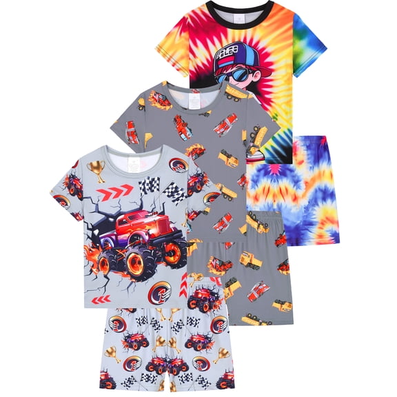QEFJNO 3-12Y Kids Boys Pajamas Set 2 PCS Short Sleeve Top and Shorts Pants for Toddler Boys Truck Pjs Summer