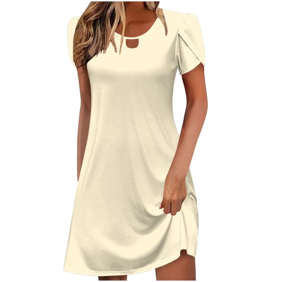 Kukoosong Dresses for Women Casual Summer Crew Neck Short Sleeve Cocktail Dress with Leaf Sleeves and Hollow Neckline for Beach Vacation Party Wedding Guest Dresses