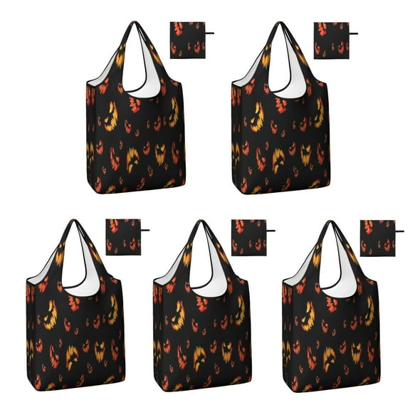 5 Pack Foldable Shopping Bag,Spooky Halloween Faces Pattern Reusable Grocery Bags with Pockets,Large Reusable Tote Bags with Handles Waterproof & Lightweight