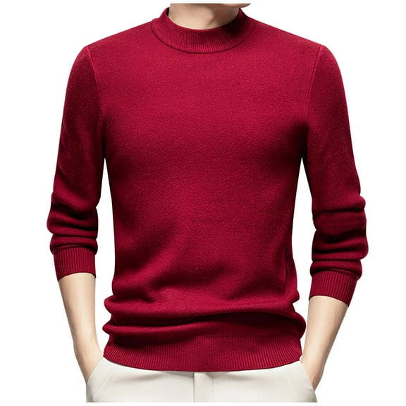successthop Mens Knitted Sweaters Plus Size Fleece Long Sleeve Chunky Crewneck Knitwear Ribbed Cuff Solid Knit Tops Red
