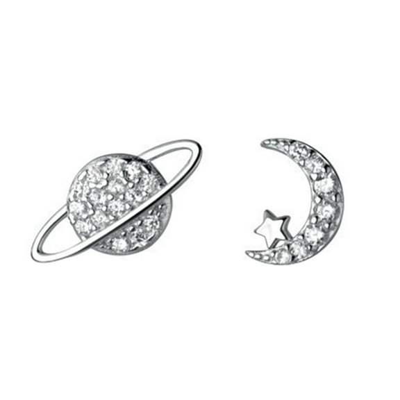 OUEPLLOZ Clearance Solid 925 Sterling Silver Cz Moon Star Earrings Stud for Women Teens Moon Sun Studs Earrings Asymmetric(Silver,One Size)