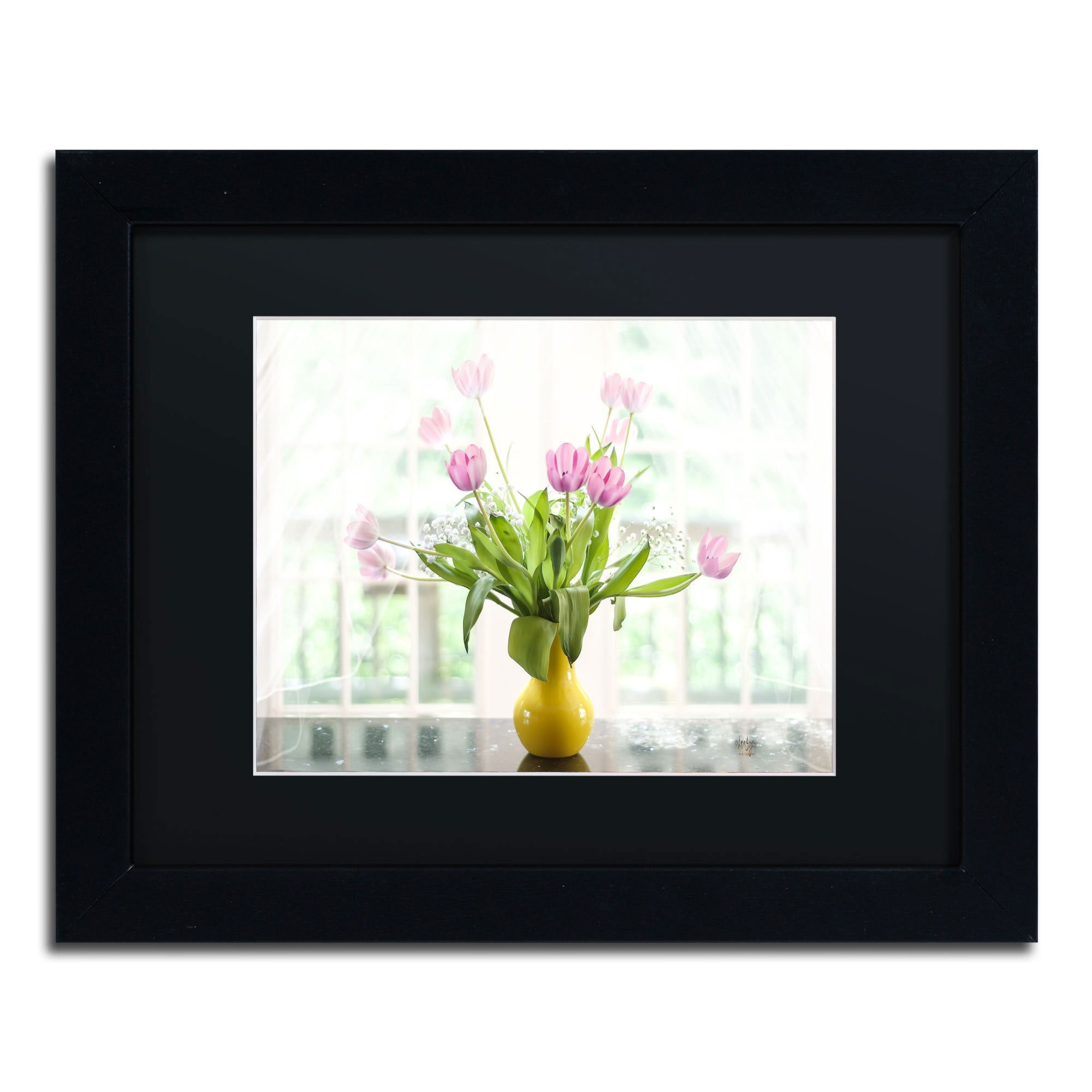 Trademark Fine Art "Pink Tulips in the Window" Canvas Art by Lois Bryan, Black Mat, Black Frame