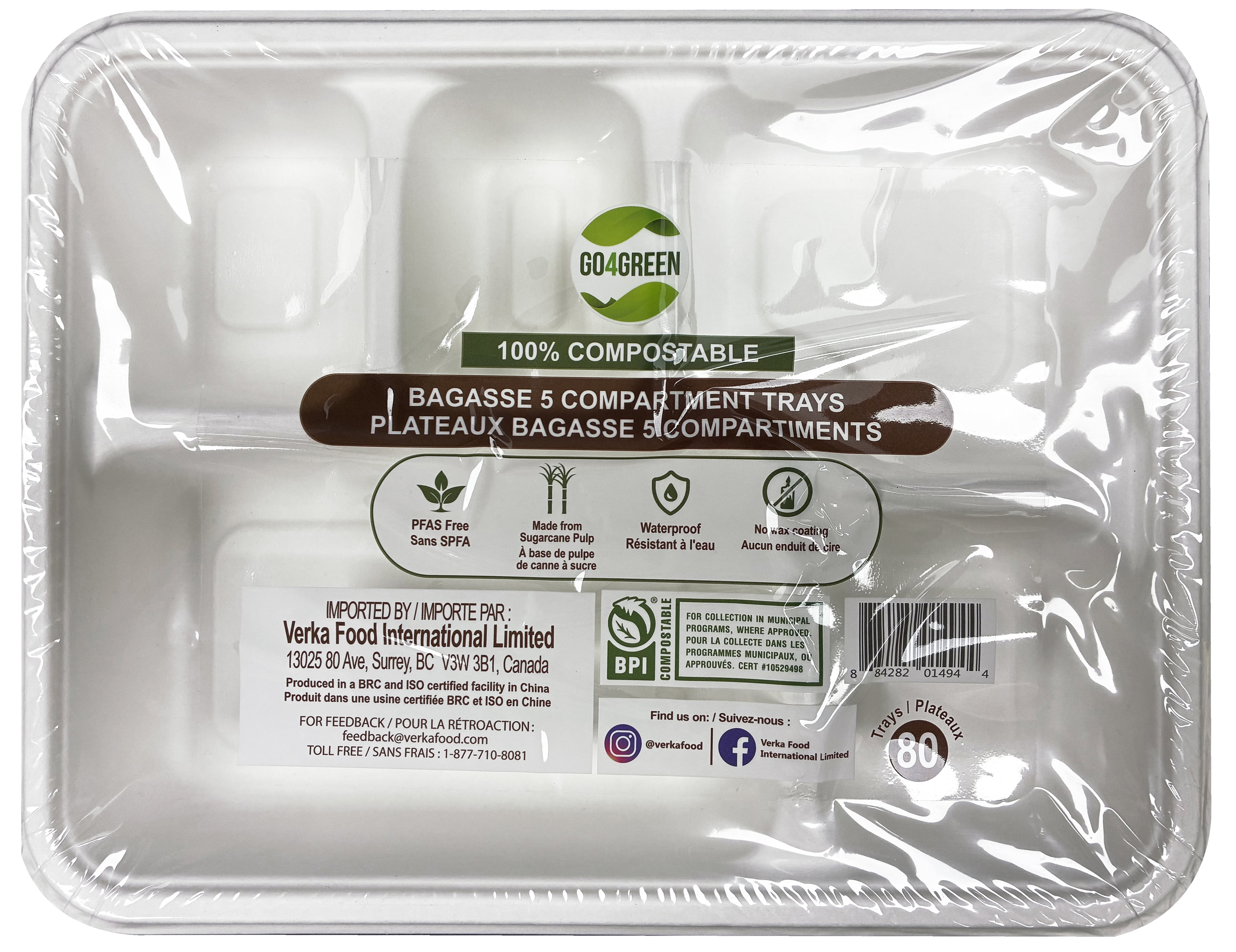 Verka Go4Green Plateaux Bagasse 5 Compartiments 80 pièces