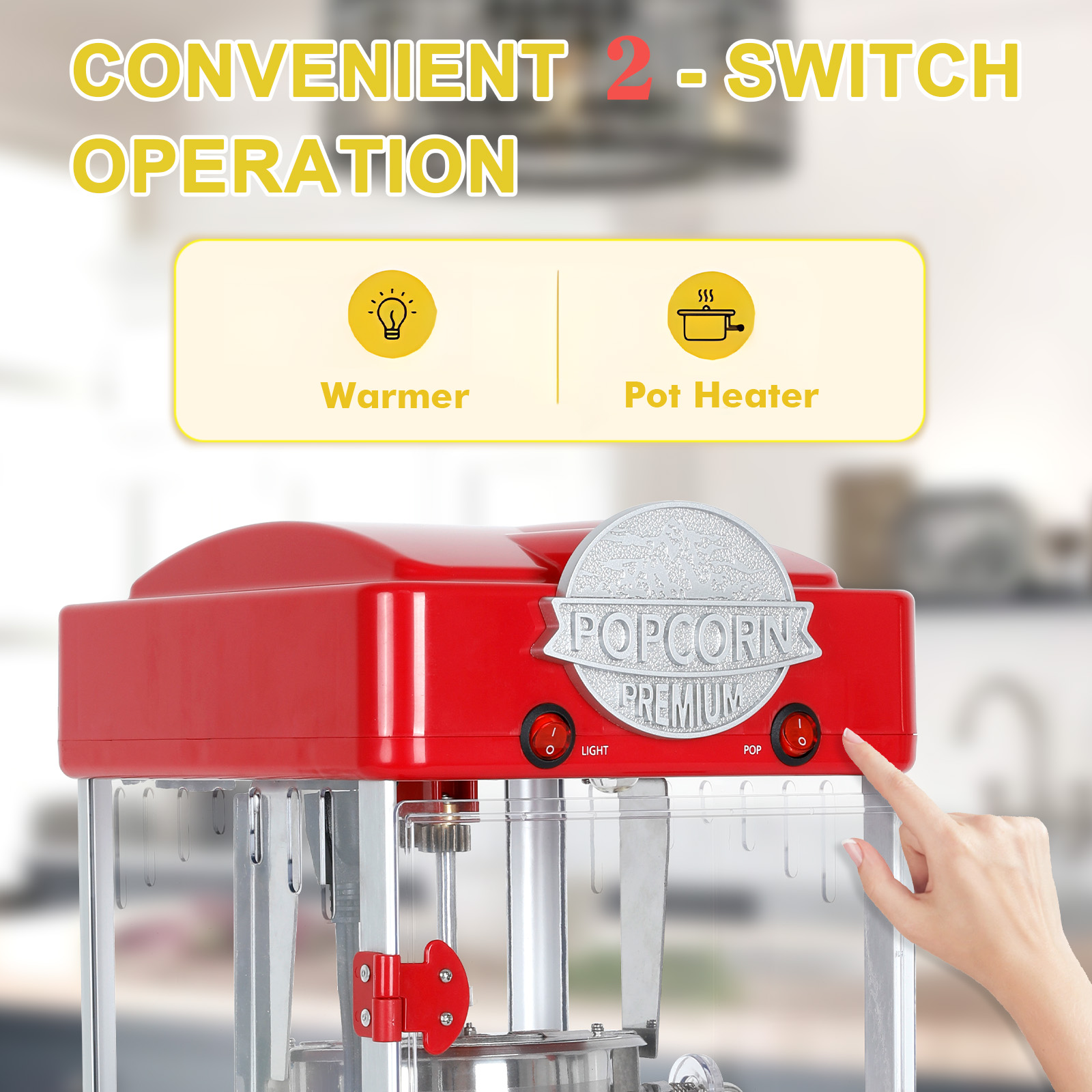 Yoneston 6 oz Commercial Popcorn Machine, 600W Countertop Popcorn Maker, Container Produces 2 Gallon per Cycle, Comes with 3 Ladles, Red