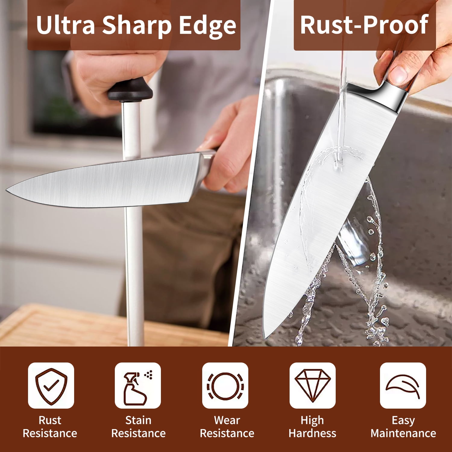 TINANA 5 PCS Kitchen Knife Set, Ultra-Sharp Stainless Steel Chef Knives with Ergonomic Pakkawood Handles for Cooking and Chopping
