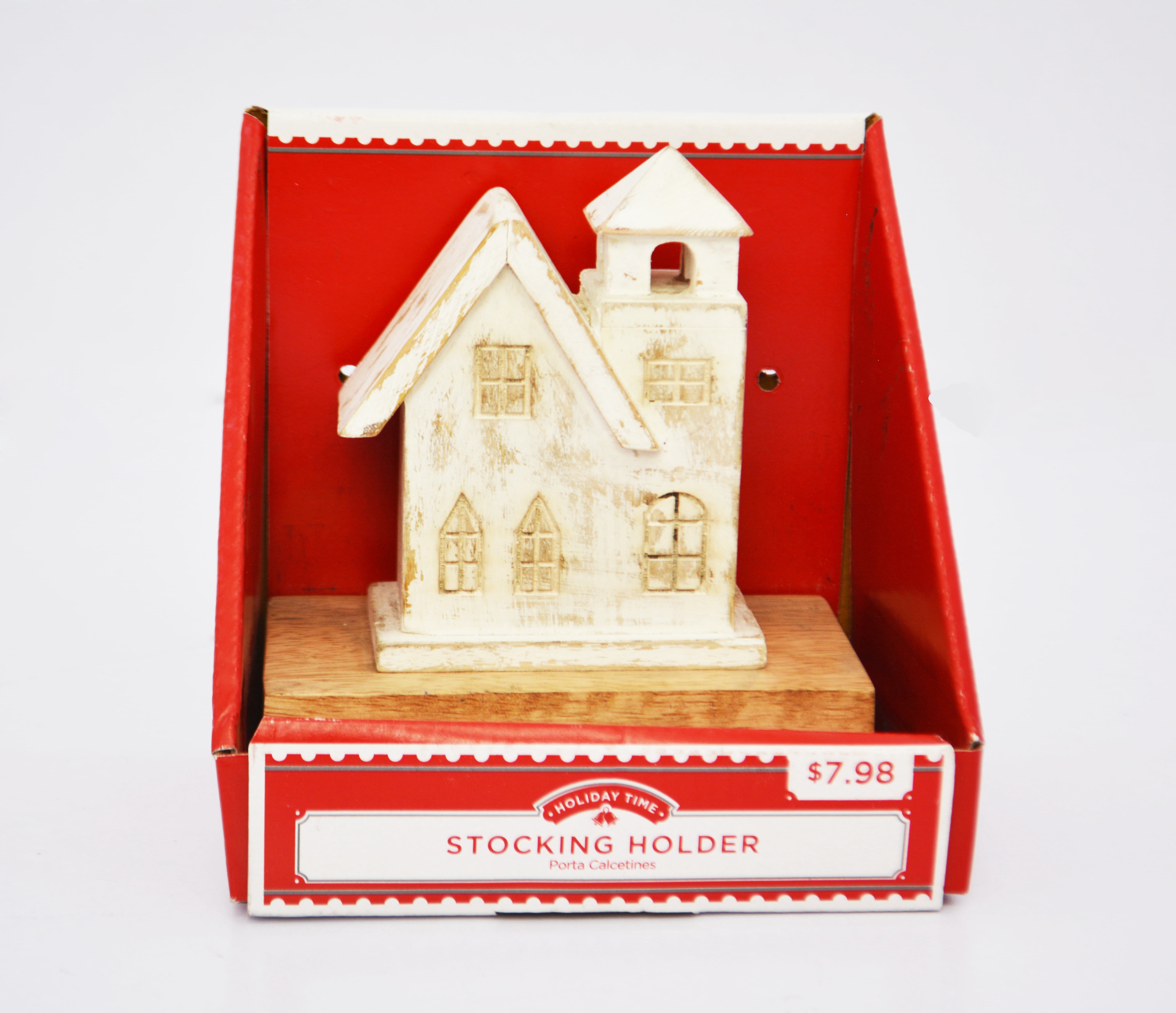 Holiday Time White Wash Wood Church Stocking Holder, 6-inch