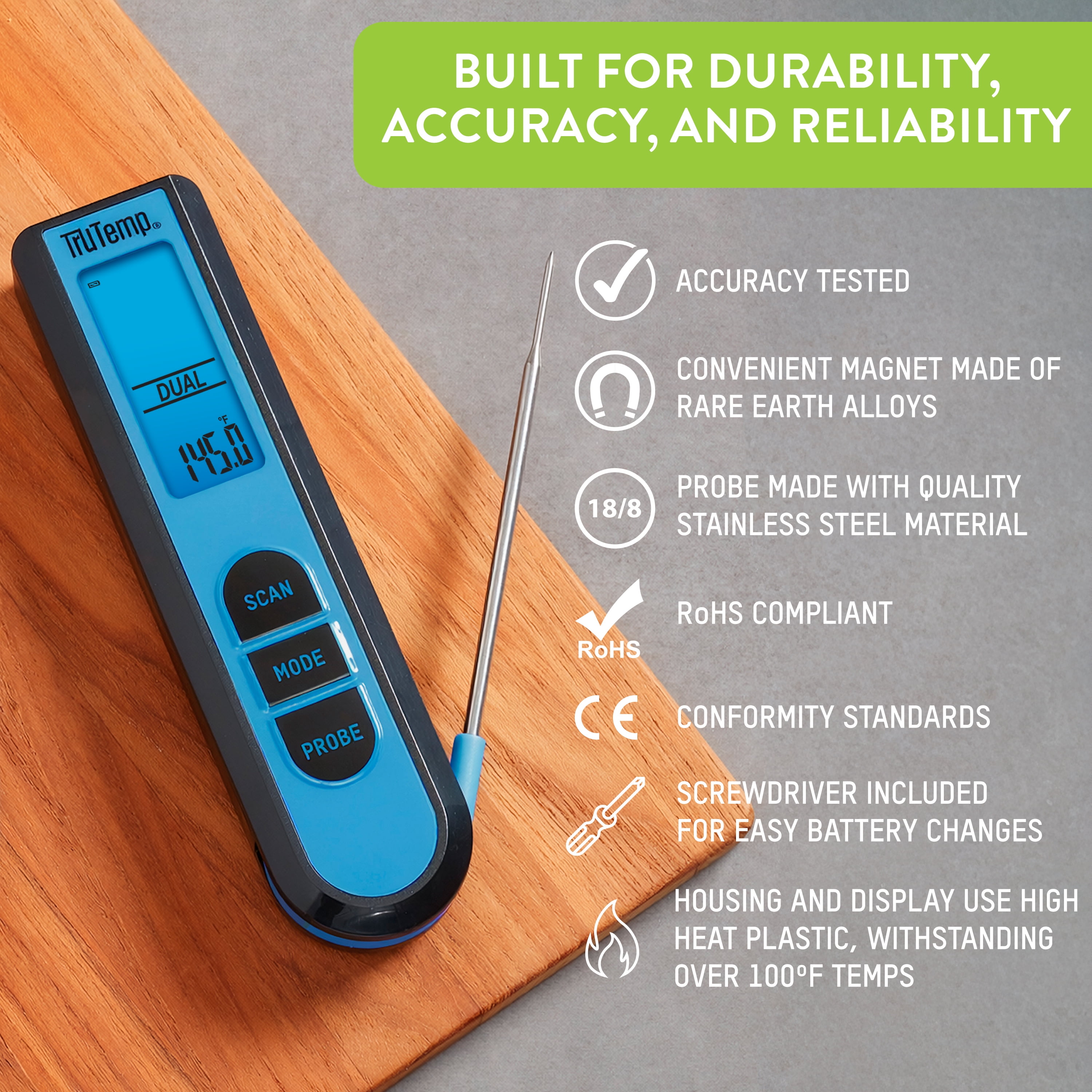 TruTemp Battery Powered Dual Function Infrared Digital Thermometer Plus Meat Probe, Blue