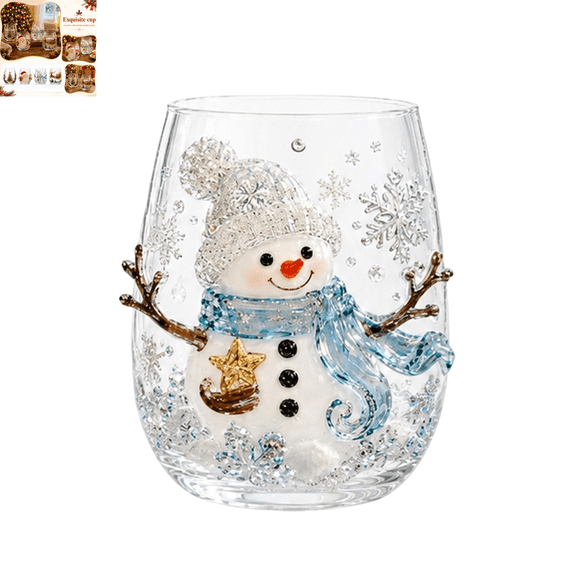 Magical Christmas 3D Glass Cup Collection, Embossed Stemless Wine Tumbler, Santa Snowman Christmas Tree Reindeer Pattern Clear Drinking Glass for Christmas Party Home Table Decor & Holiday Gift C