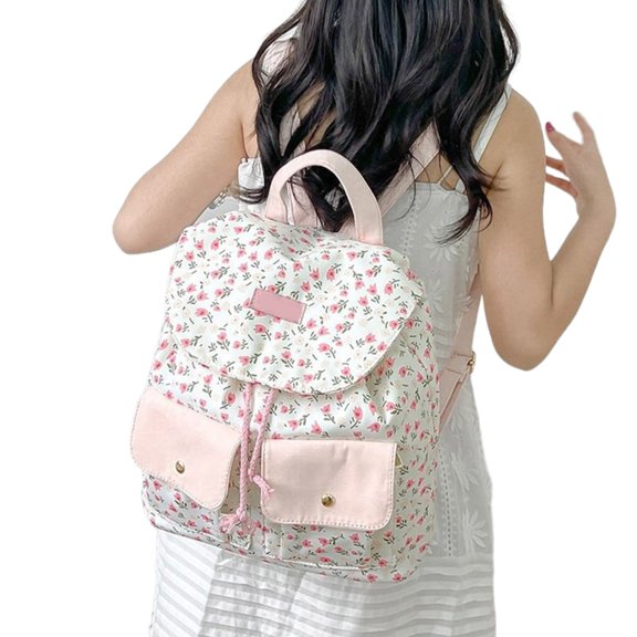 Women Small Backpack Sweet Floral Double Pocket Student School Bag for Casual