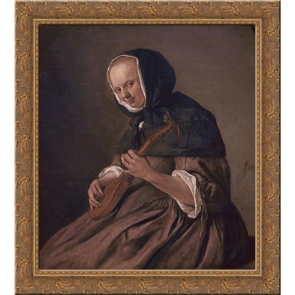 Woman playing the sistrum 24x20 Gold Ornate Wood Framed Canvas Art by Jan Steen