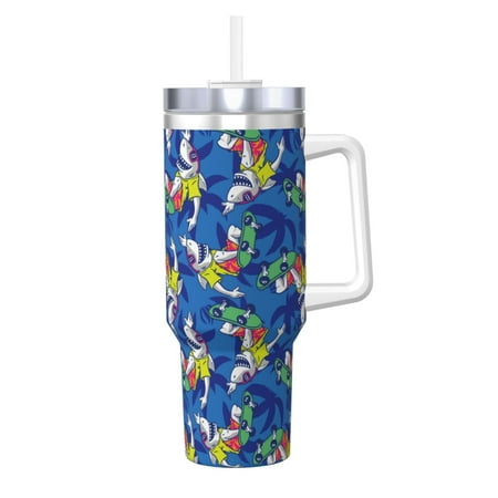 

Sikiie Sharks Skateboarding With Palm Insulated Stainless Water Bottle Lid Travel Mug Cup Insulated Tumblers Cup 40oz Ice Bully With Handle