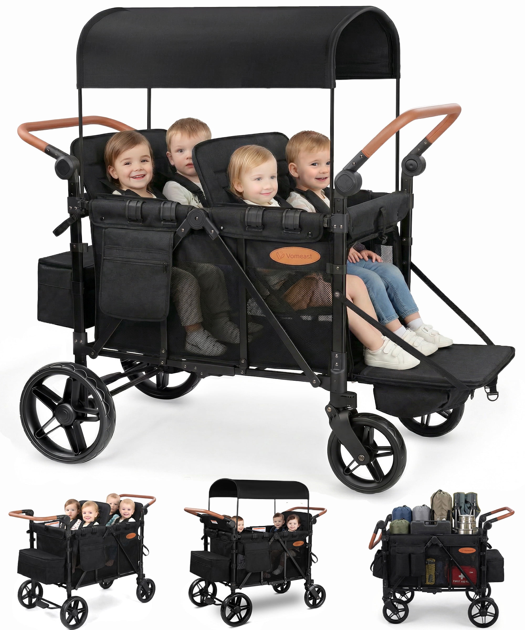 Vomeast Upgrade Wagon Stroller for 4 Kids, 4-Seater Outdoor Baby Stroller Wagon with Canopy, 5-Point Harness, Adjustable Handle(Black)