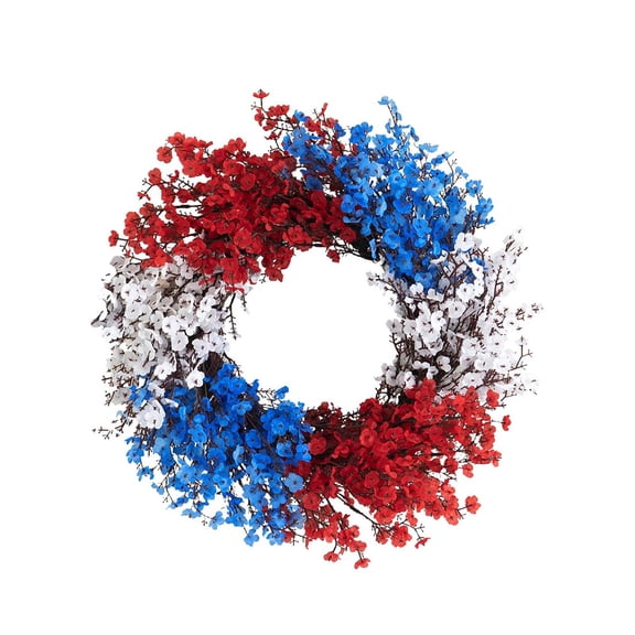 Patriotic Front Door Wreath, 4th July Red White Blue Artificial Baby's Breath Flowers Independence Day Wreath, American Flag Day Wreath for Indoor and Outdoor Use (18x18 Inch)