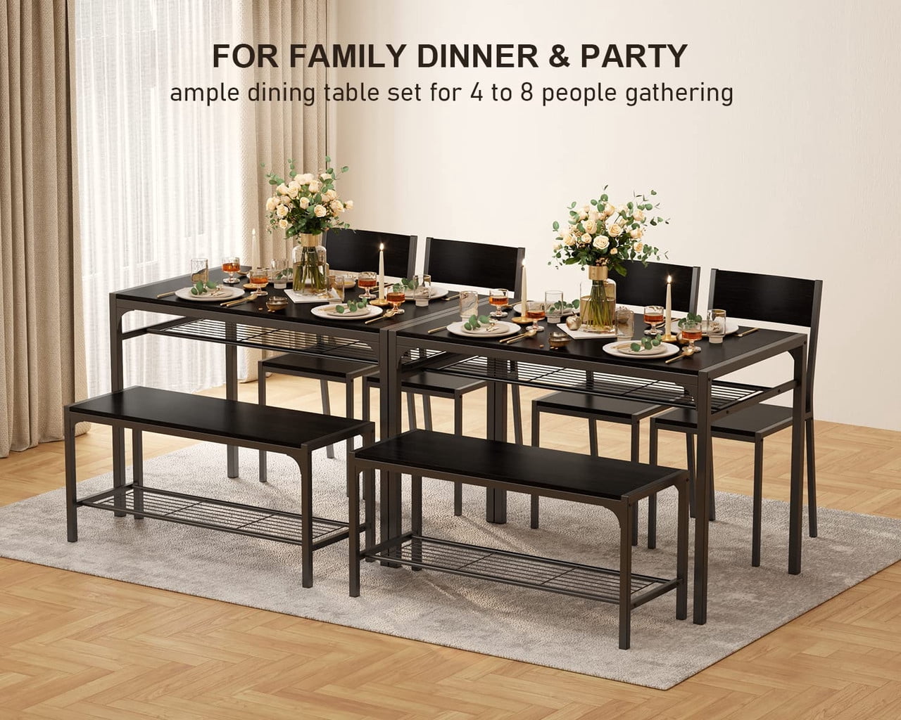 4-Piece Dining Table Set for 4, Kitchen Table with 2 Chairs & Bench, Compact Furniture for Small Space & Apartment Black