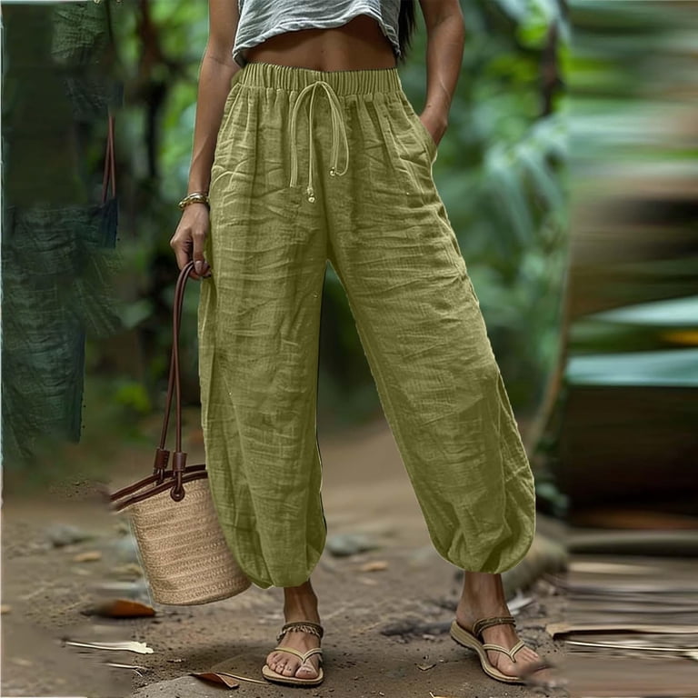 aohooy Tapered Linen Pants Women Casual Drawstring Elastic Waist