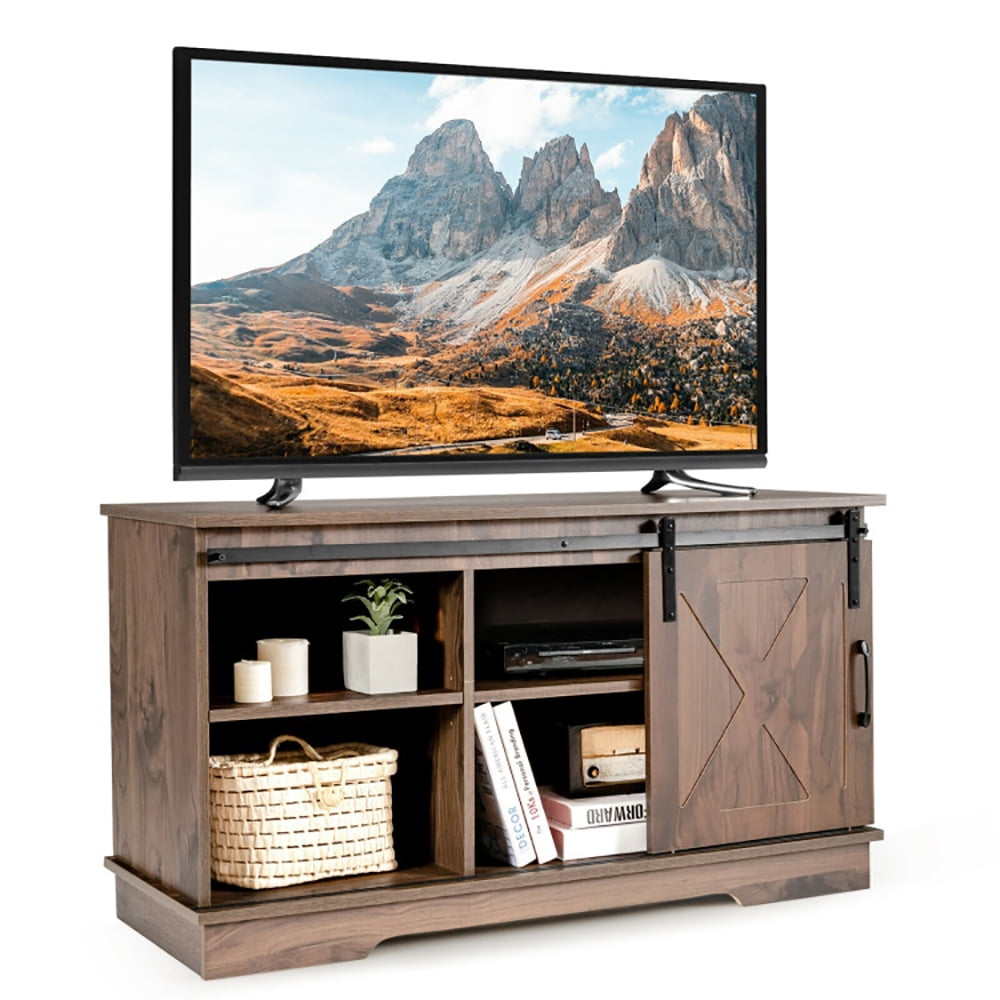Finihen TV Stand, TV Cabinet, Sliding Barn Door TV Stand with Adjustable Shelf Cabinet, Media Entertainment Center with Storage, for Living Room, Bedroom, Dark Walnut