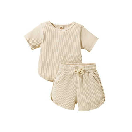 

Suanret 2Pcs Kids Toddler Boys Girls Summer Ribbed Outfits Solid Color Short Sleeve T-Shirt + Drawstring Shorts Apricot 18-24 Months
