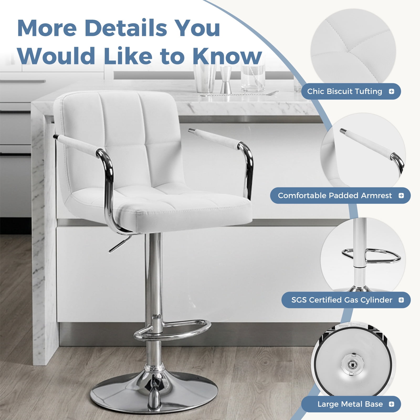 edx Bar Stools Set of 2 with PU Leather, Swivel High Back Bar Stools with Handles for Kitchen Island, White