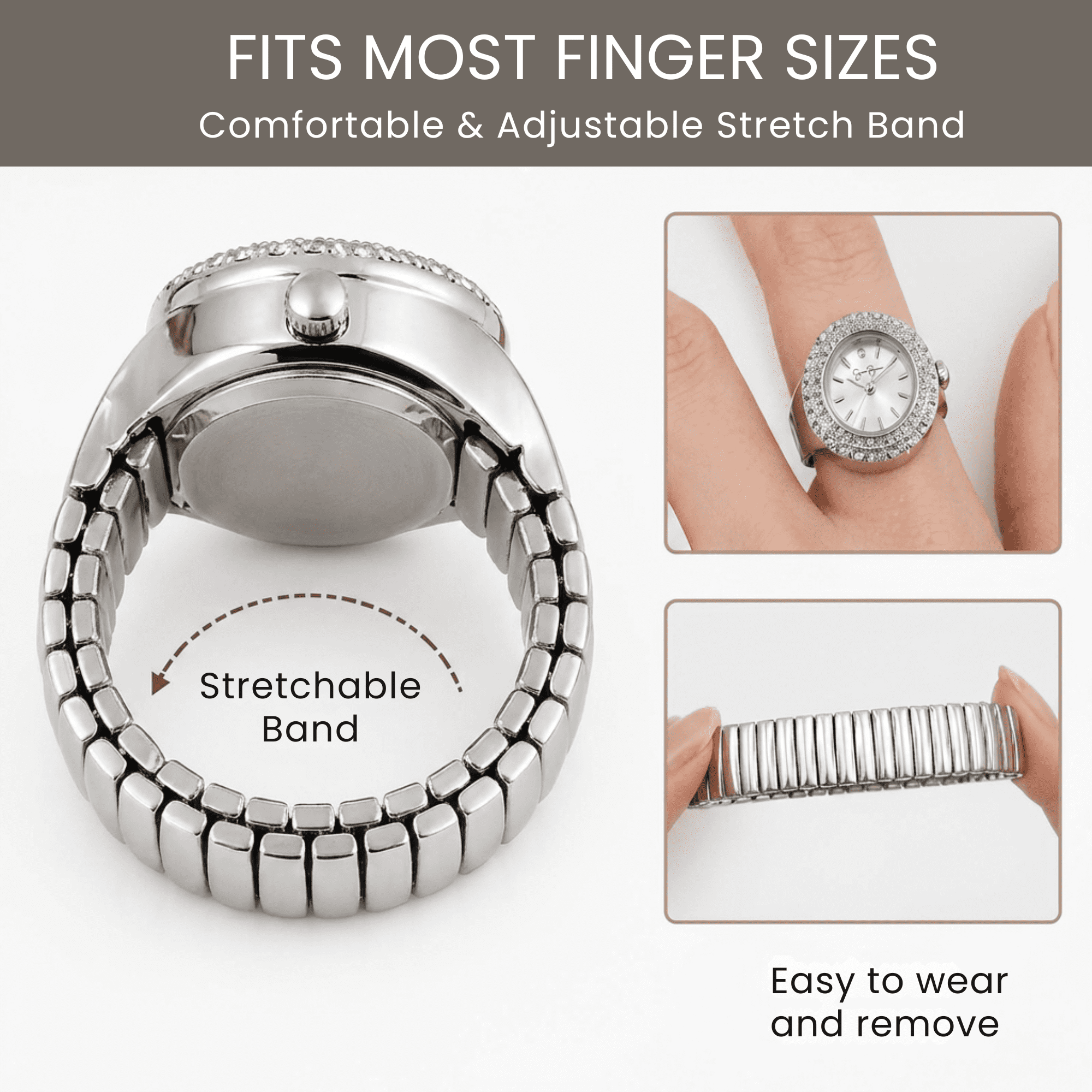 Jessica Simpson Women's Silver Adjustable Ring Watch – Crystal Bezel, Quartz Analog Mini Dial, Stretch Band Fashion Jewelry Accessory