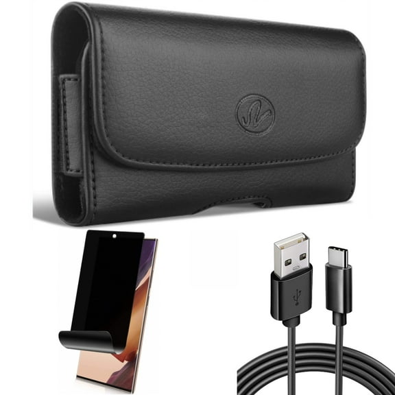 Privacy Screen Protector & Case Belt Clip & 6ft USB Cable for Samsung Galaxy Note 20 Ultra (6.9") - Combo with TPU Film Anti-Peep & Leather Swivel & Type-C Charger Cord