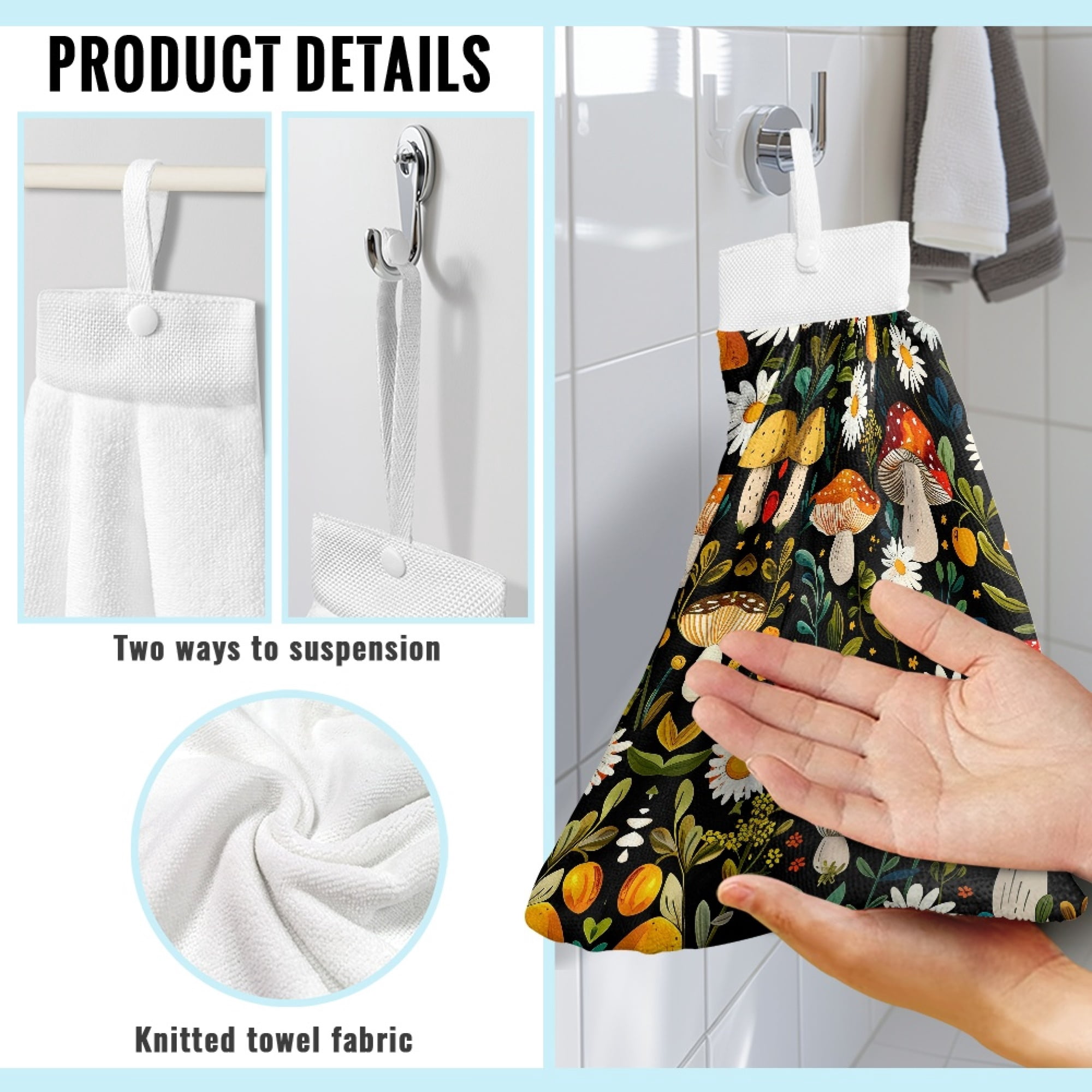 SEANATIVE Mushroom Hand Towels for Bathroom Decorative Set of 2 Aesthetic Hanging Hand Towel with Button Loop Lightweight Hanging Tie Towel Highly Absorbent Hang Towel for Wiping Hands