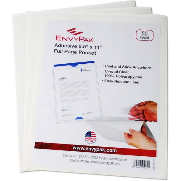 EnvyPak Full Page Pocket/Holder, Peel and Stick Adhesive, Top Loading, Clear, Holds 8.5â€ x 11â€ Sheet - Pack of 50