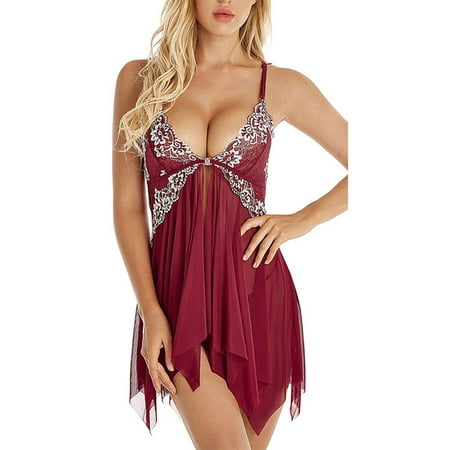 QELUSQELUS Women Plus Babydoll Sexy Lace Translucent Mesh Solid Nightie Lingerie