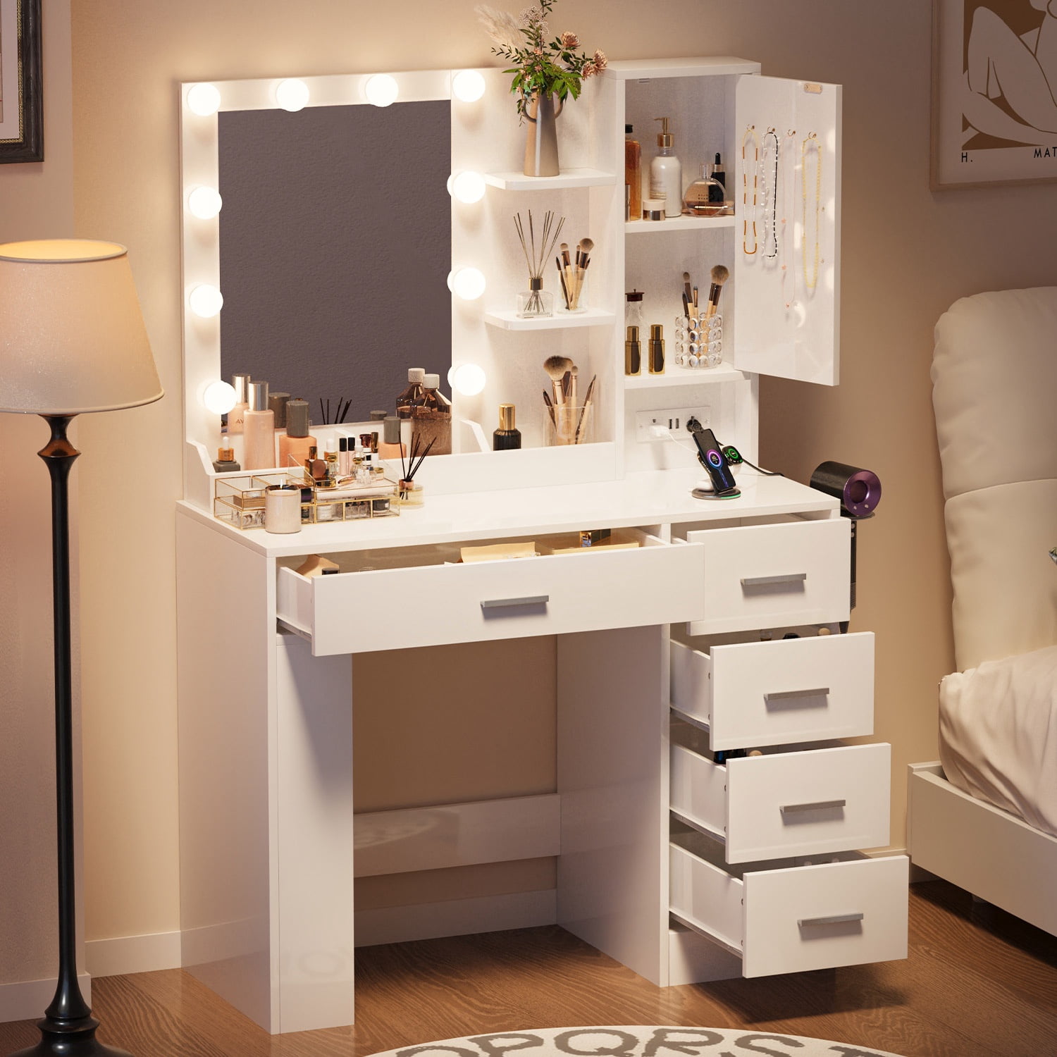 WACASA Vanity Desk with Mirror and Lights, Makeup Vanity with 5 Drawers & Power Strip, White Vanity with Storage Shelves, Adjustable Brightness Dressing Table for Bedroom
