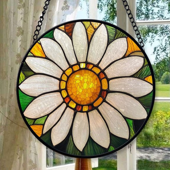Stained Glass Window Hanging - Yellow White Daisy Flower Suncatcher for Door Garden Home Sun Catchers Decoration Christmas Mother's Day Birthday Gifts for Women Men Mom Nana