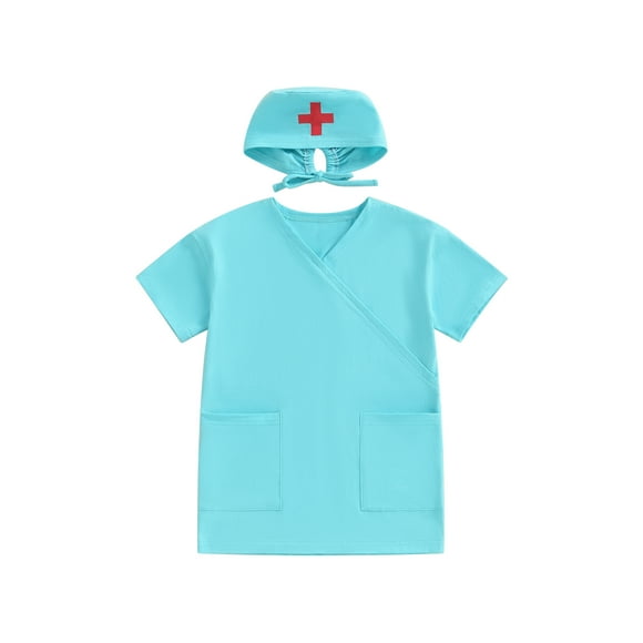 Gupgi Kids Girls Boys Doctor Cosplay Outfit Toddler V-Neck Short Sleeve Blue T-Shirts with Hat