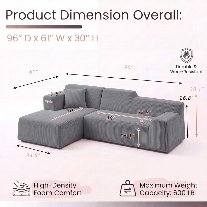 Gewnee 97" L-Shaped Sectional Sofa, Modern Corduroy Modular Sofa Couch with Deep Seat, High Back Cloud Couch, Convertible Ottoman Sectional Couch for Living Room, Black